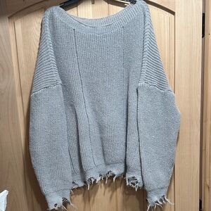 Distressed Light Gray Crewneck Knit Sweater for Women